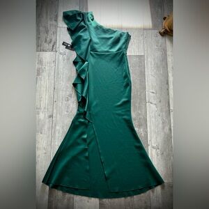 Ababalaya One Shoulder Ruffled Split Mermaid Evening Gown, dark green, Large.